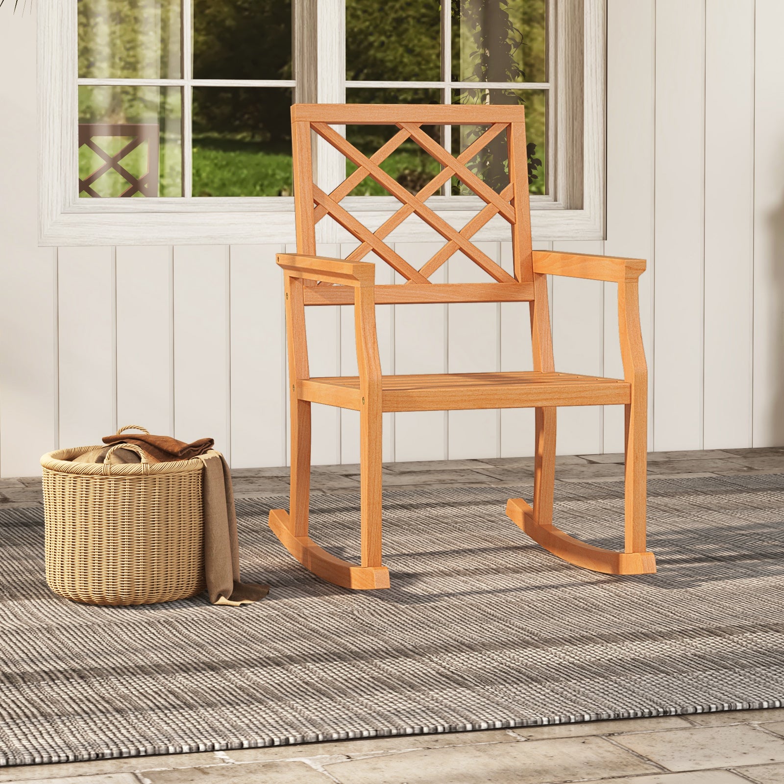 Wood Sea Rocker Teak Wood Rocking Chair Oversized Porch Rocker with Backrest and Slatt ...