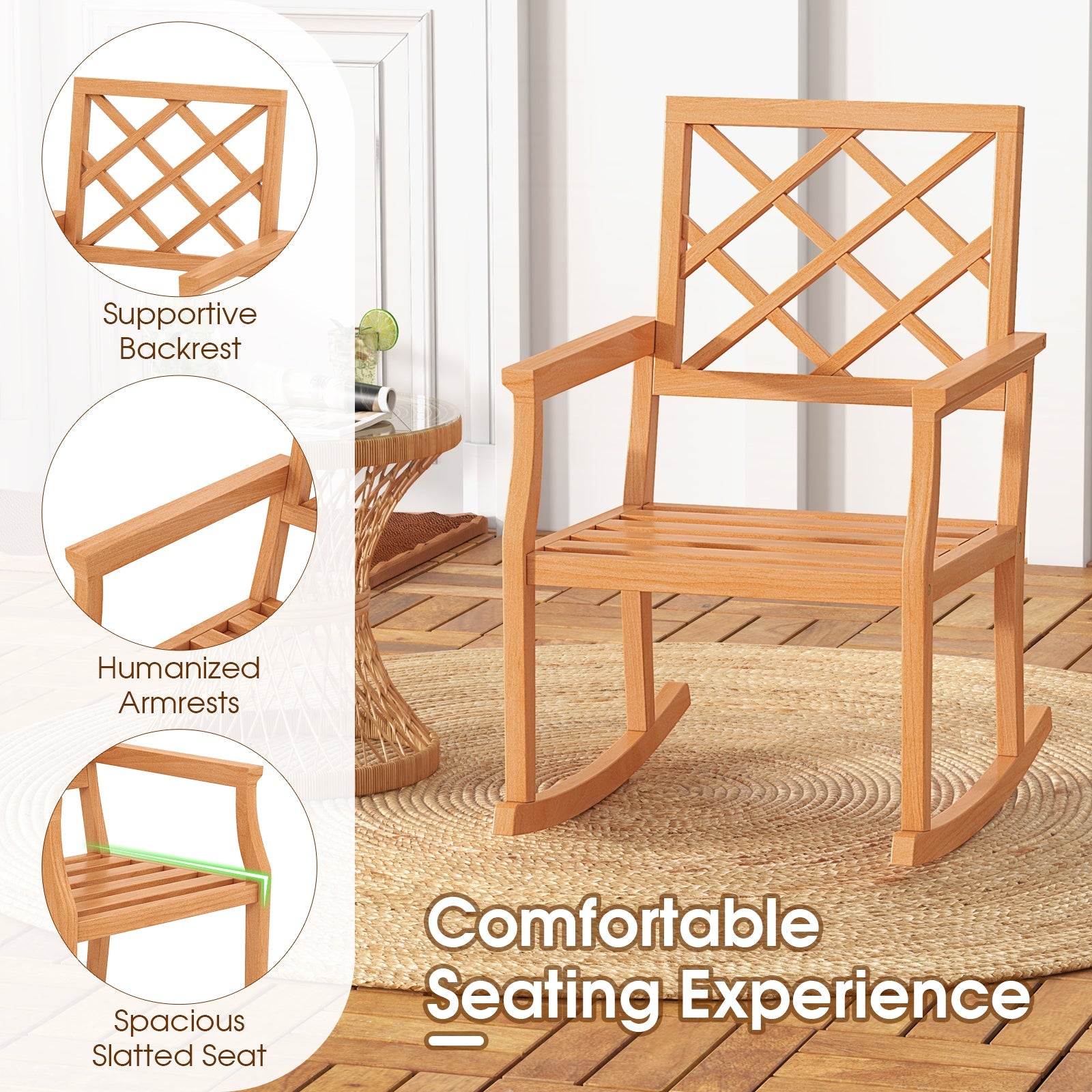 Teak Wood Rocking Chair Oversized Porch Rocker with Backrest and Slatt ...